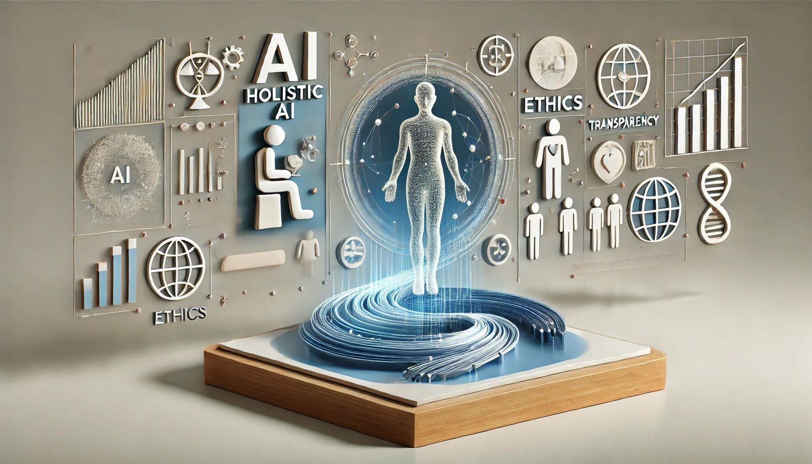 A 3D illustration of Holistic AI, showing data flows interacting with icons of ethics, human figures, and global symbols, emphasizing fairness and transparency within a digital interface.