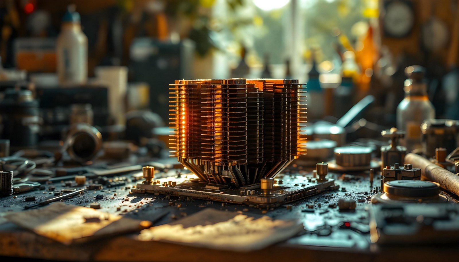 A CPU heatsink in a workshop environment, showcasing intricate fins and components, illuminated by warm light reflecting its thermal management purpose.