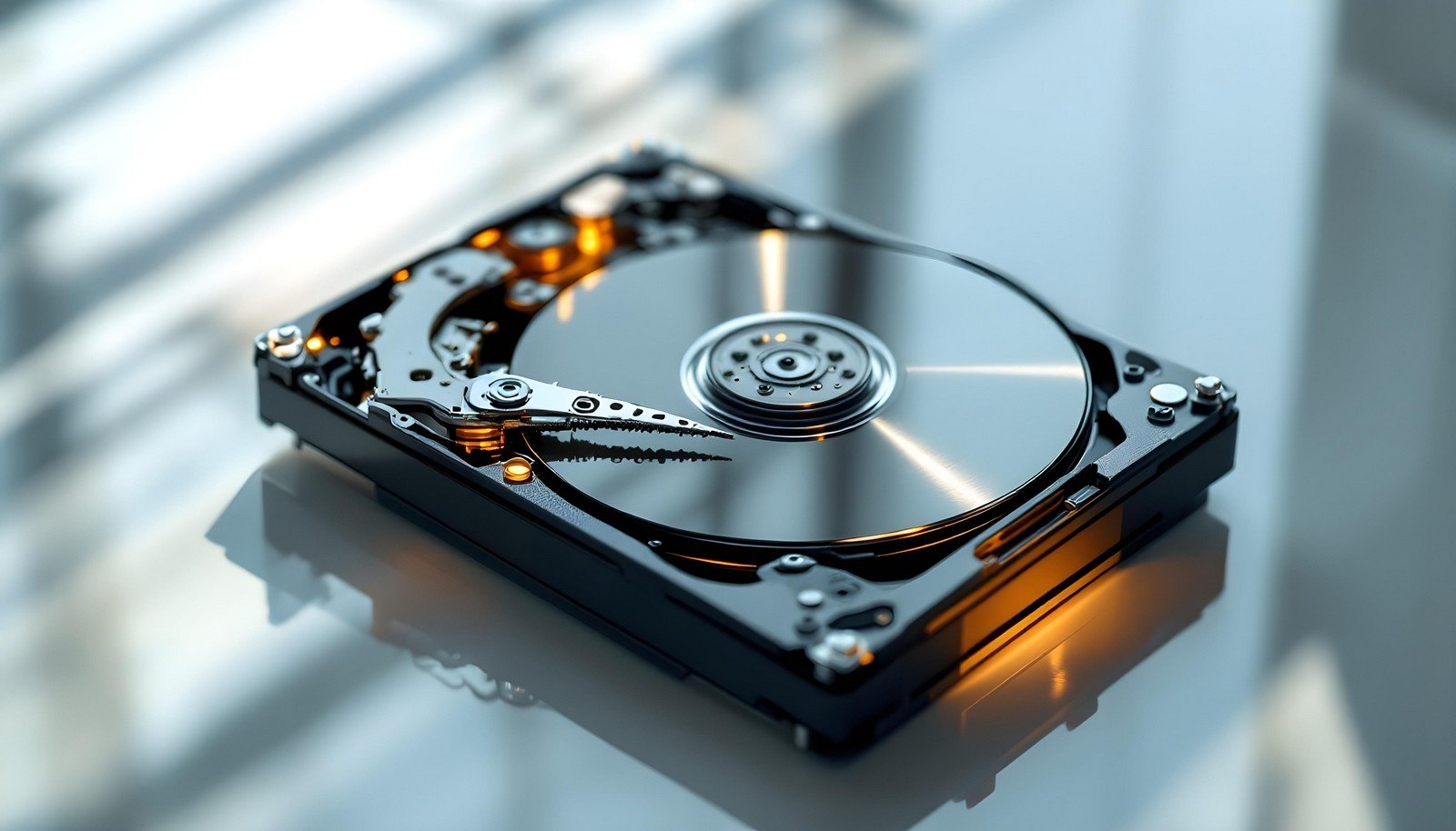 A detailed close-up image of a Hard Disk Drive (HDD) with visible internal components including the reflective magnetic platters and the read/write arm, captured with a modern and sleek aesthetic.