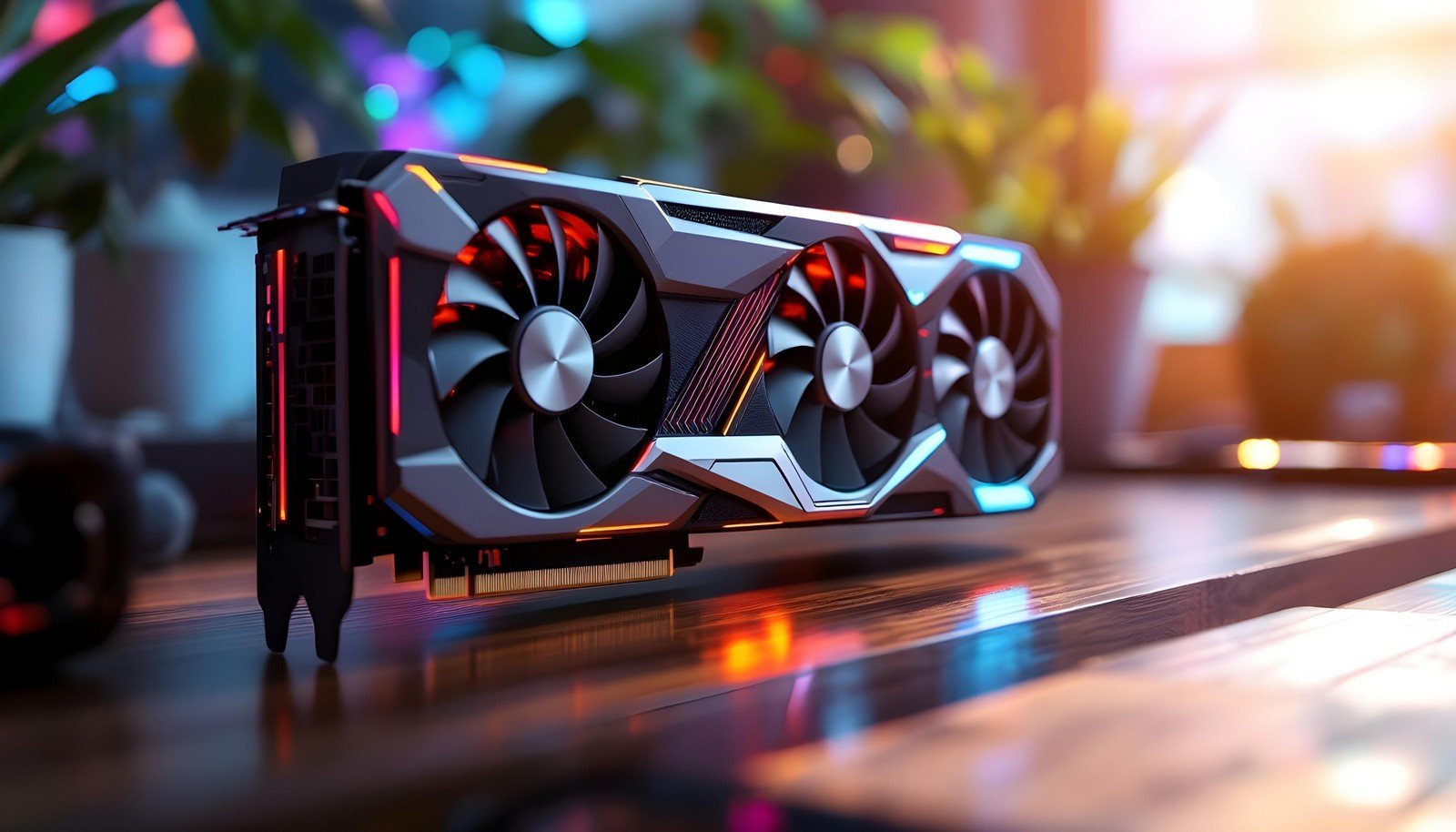 A high-performance computer graphics card with triple-fan cooling and RGB lighting, designed for gaming and professional rendering tasks, placed on a wooden desk.