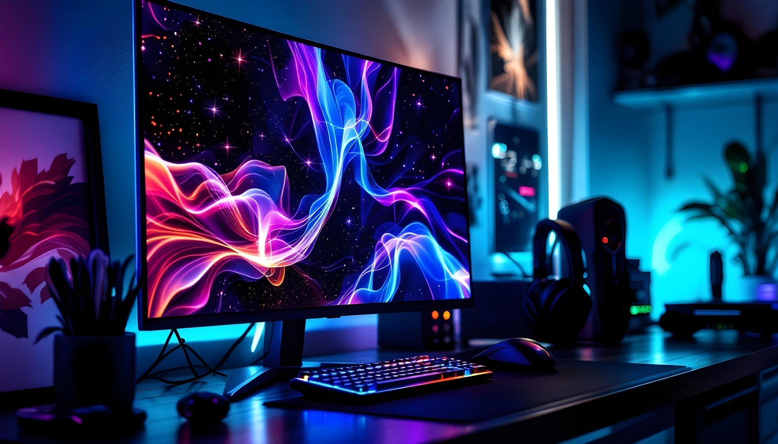 A sleek OLED monitor with vibrant, colorful graphics displayed on the screen, surrounded by a modern, gaming-oriented desktop setup featuring ambient lighting.