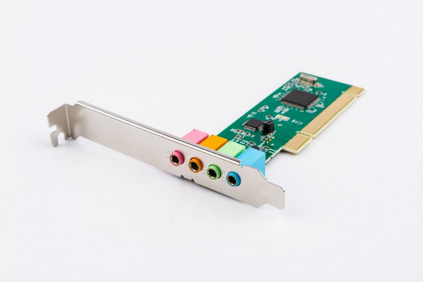 A PCI sound card featuring multiple audio input/output ports and a PCI interface for enhanced computer audio performance.