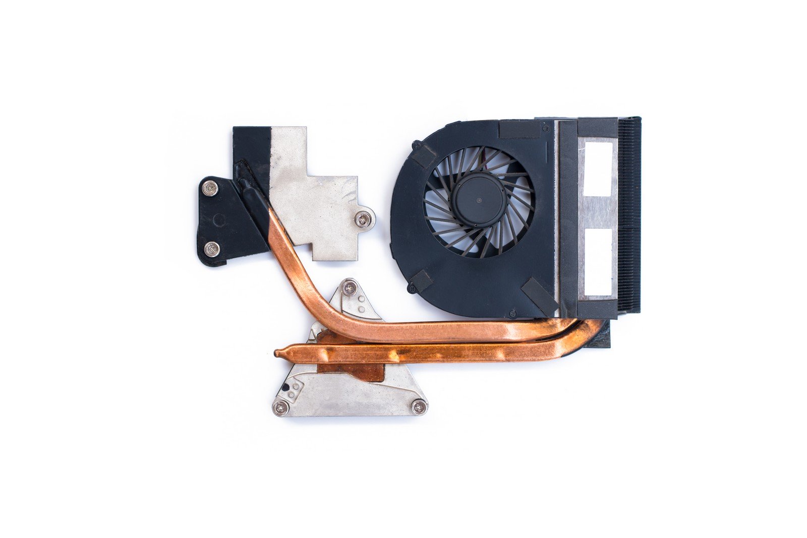 Image of a laptop cooling system assembly featuring a cooling fan, copper heat pipes, and metal components designed to dissipate heat effectively.