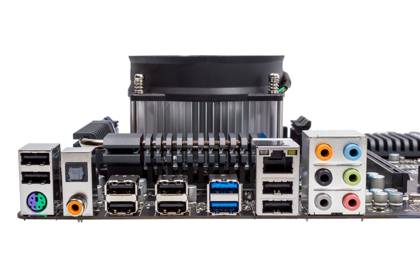 Close-up view of a motherboard IO panel showcasing various input/output ports, including USB, Ethernet, HDMI, and audio jacks, essential for connecting external devices to the computer.
