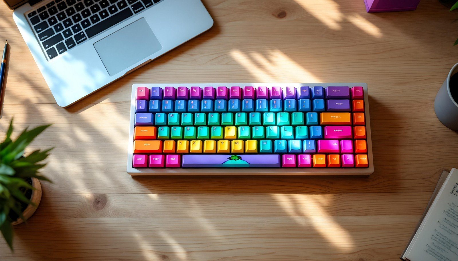 A vibrant 70% mechanical keyboard with colorful keycaps placed on a wooden desk, accompanied by a laptop, a coffee cup, and a plant, showcasing an aesthetically pleasing and functional workspace.