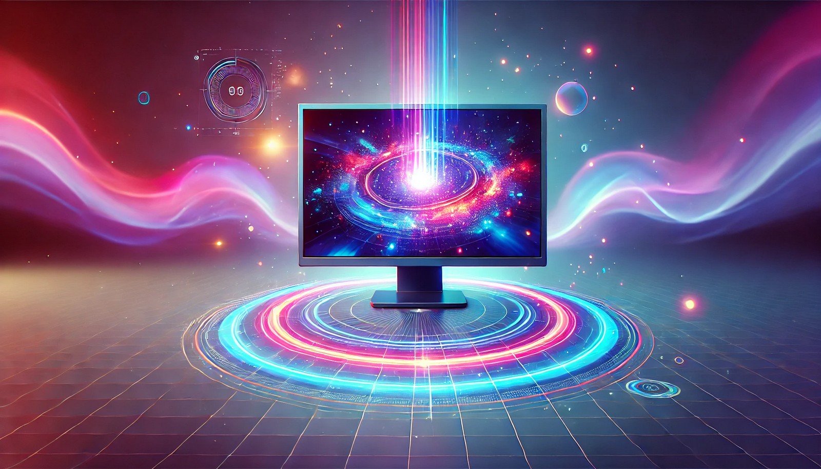 A futuristic 3D monitor emitting colorful light beams, symbolizing immersive display technology, surrounded by dynamic visuals and vibrant waves representing depth perception.