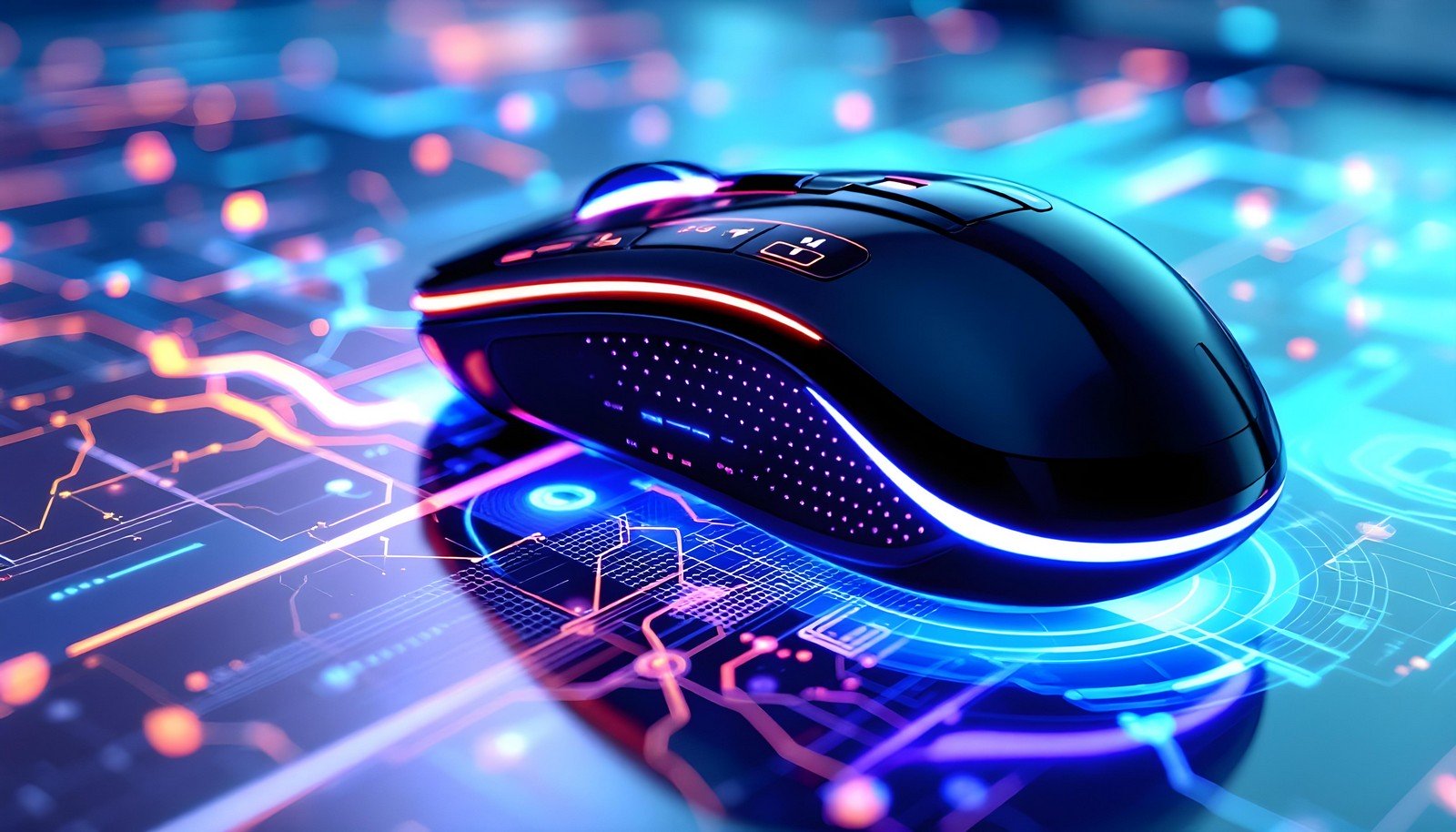 A futuristic 3D mouse with glowing lights, placed on a digital circuit board design, symbolizing advanced navigation in 3D environments.