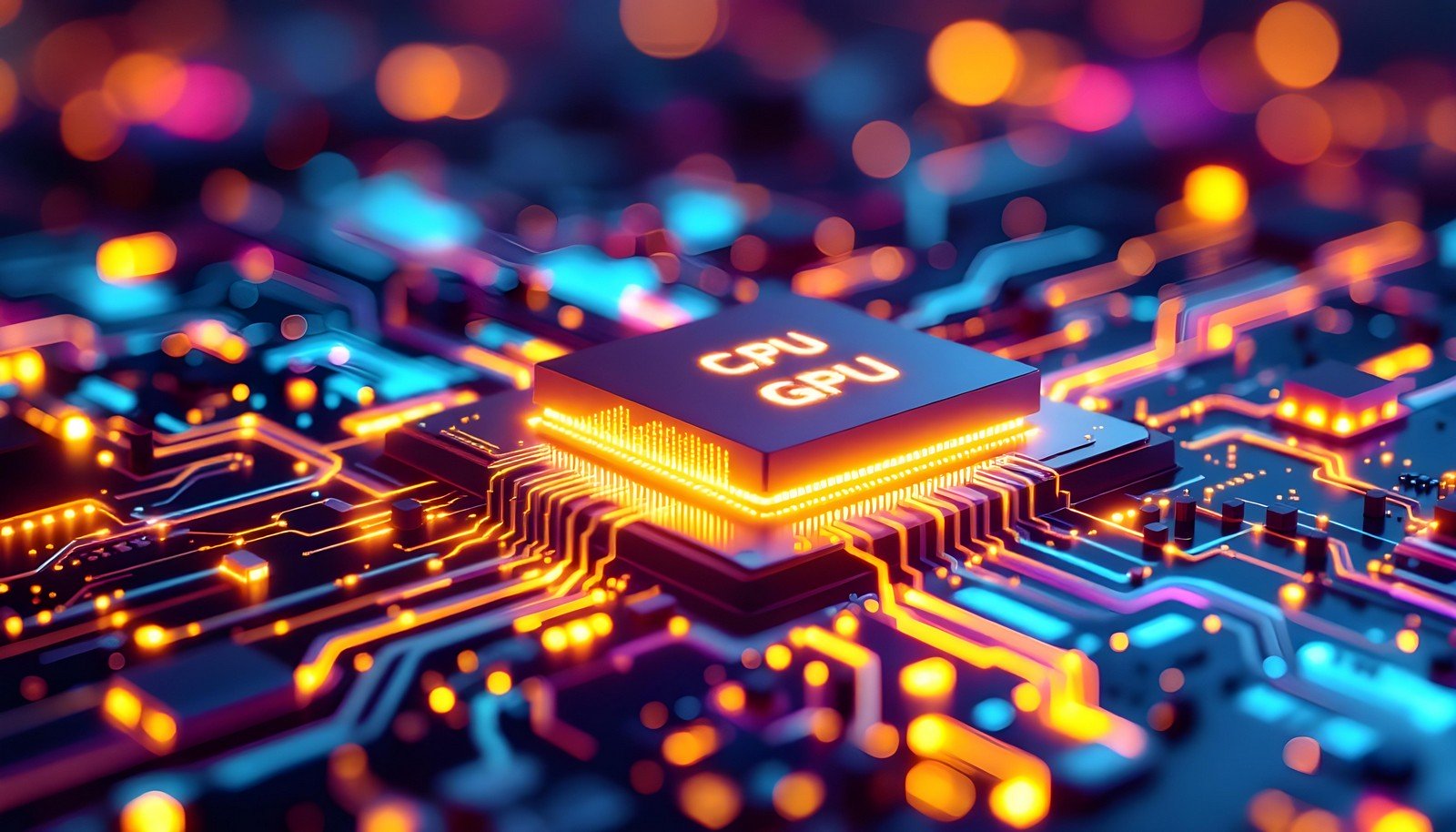 A vibrant illustration of an Accelerated Processing Unit (APU) on a circuit board, highlighting its integration of CPU and GPU capabilities with a futuristic design.