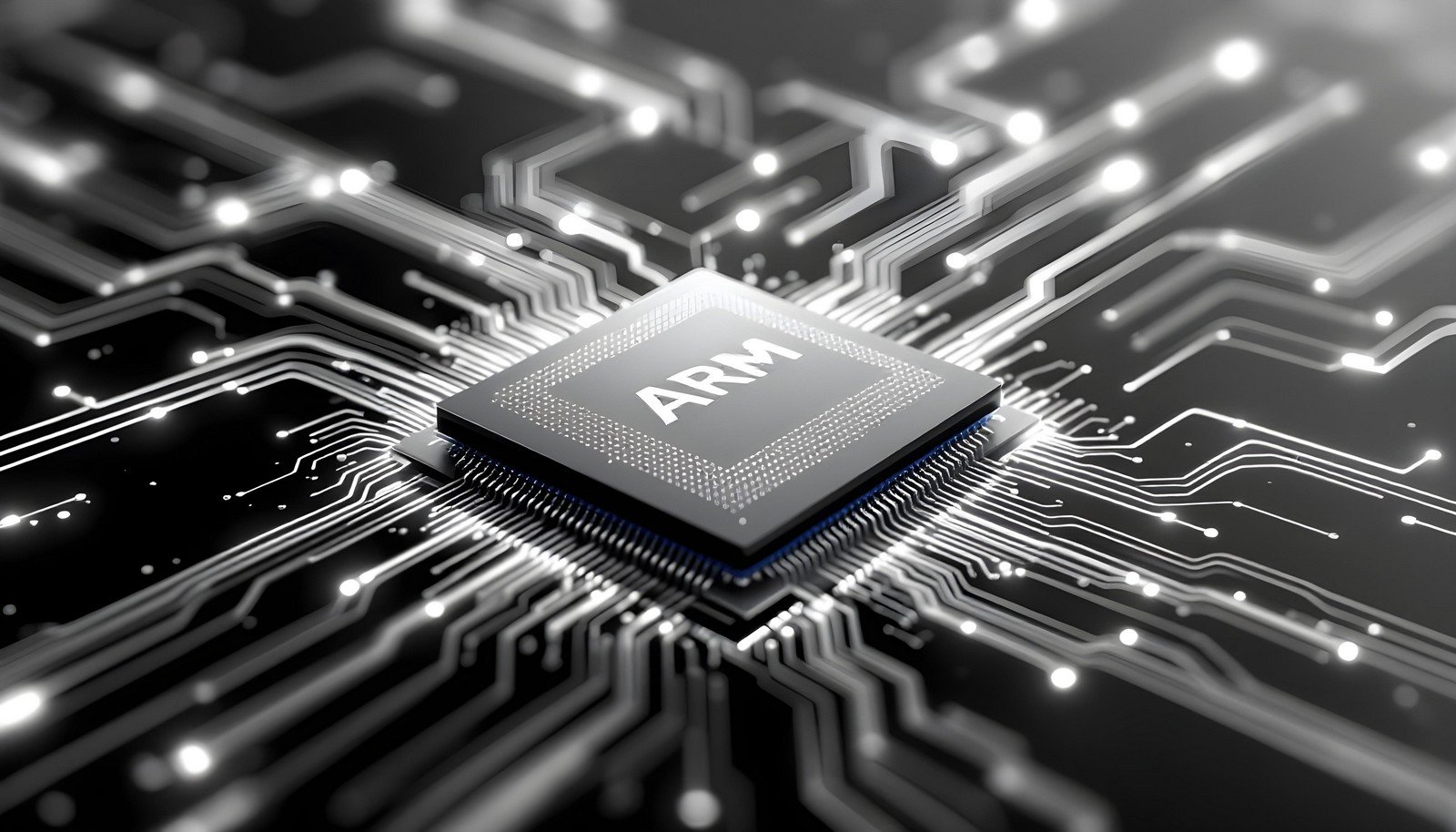 A close-up image of an ARM processor on a sleek circuit board, showcasing its intricate connections and modern technological design.