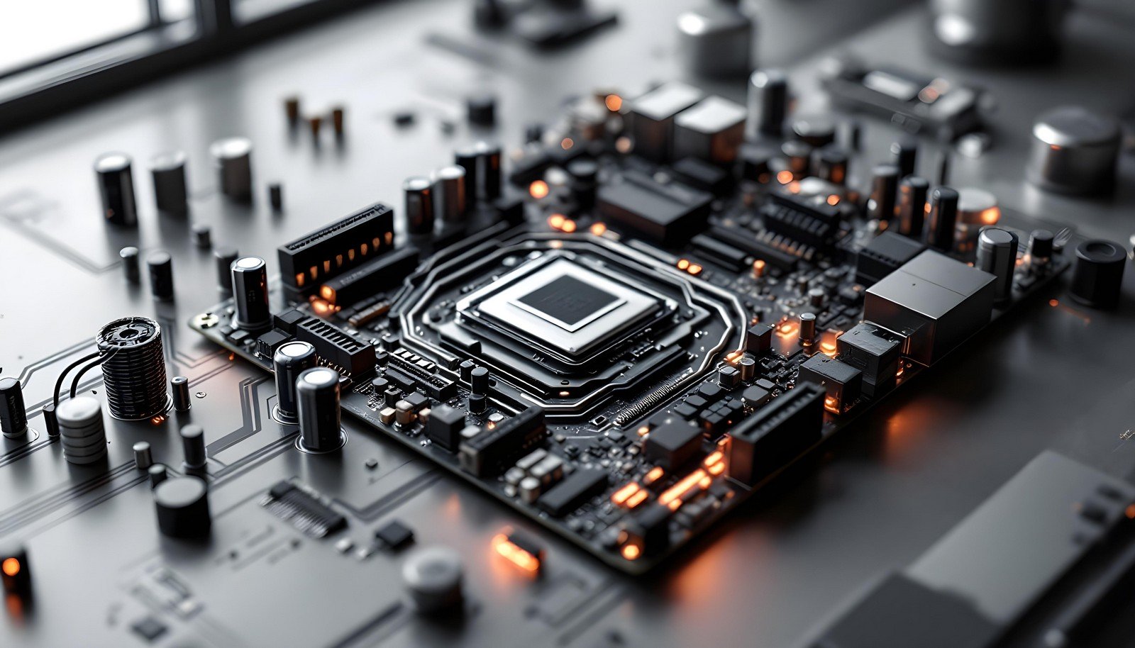 Close-up view of a motherboard showcasing its intricate circuits, connectors, and components, reminiscent of the AT motherboard's legacy in computer history.