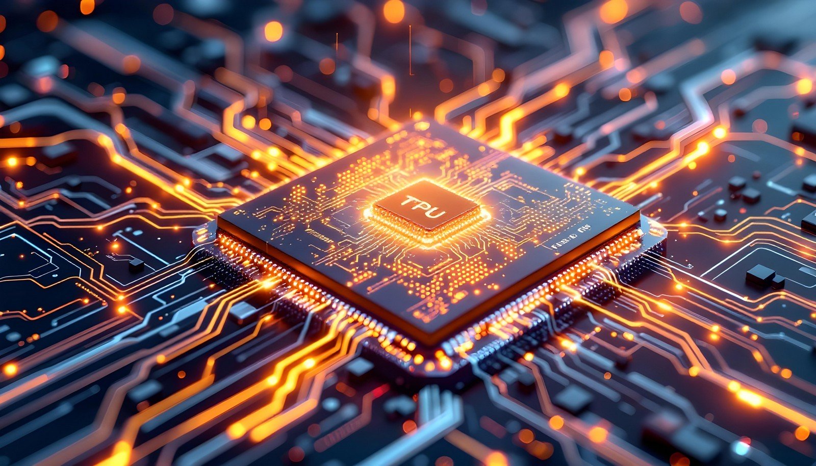 A close-up illustration of a Tensor Processing Unit (TPU) chip on a glowing circuit board, highlighting its advanced computational design and role in AI acceleration.