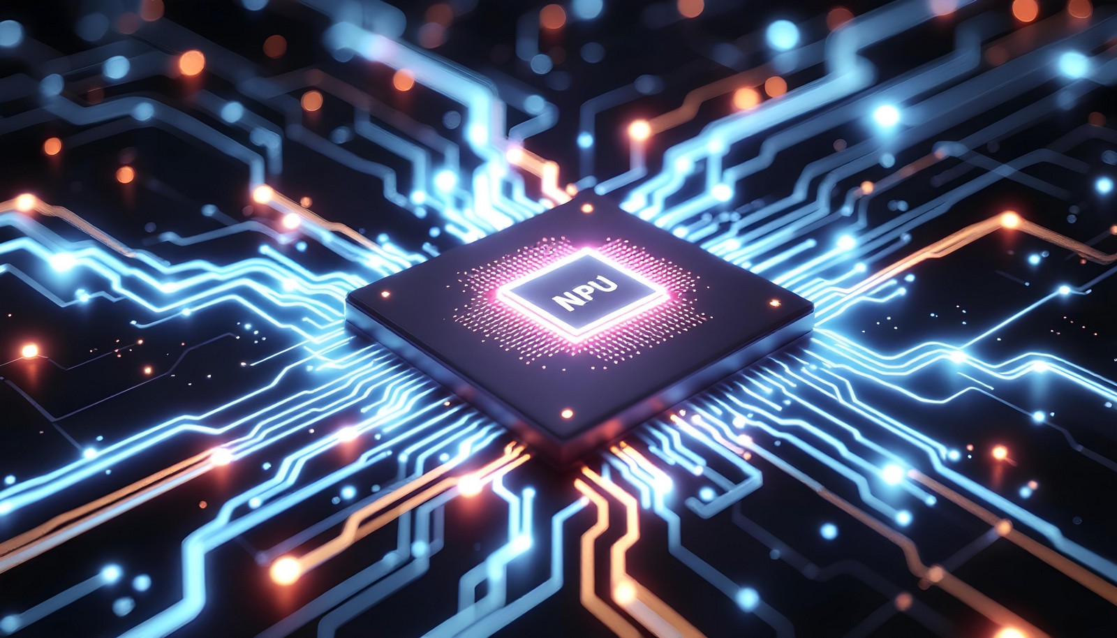 A detailed illustration of a Neural Processing Unit (NPU) surrounded by glowing circuitry, symbolizing its efficiency and speed in processing artificial intelligence tasks.