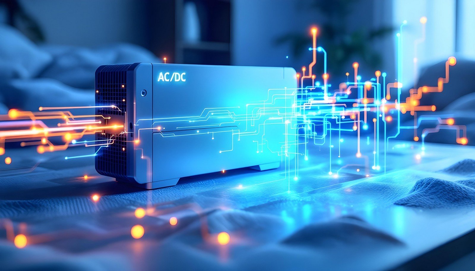 A sleek and modern AC DC power converter glowing with digital circuitry connections, illustrating the transformation of alternating current (AC) into direct current (DC) for powering various electronic devices.