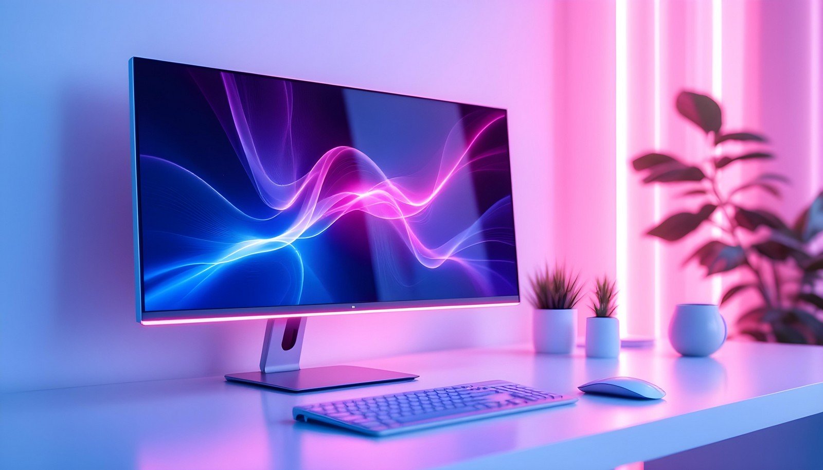 A modern All-in-One PC setup with a sleek design, featuring a vibrant display, keyboard, and mouse on a clean white desk, illuminated by pink and blue LED lights.