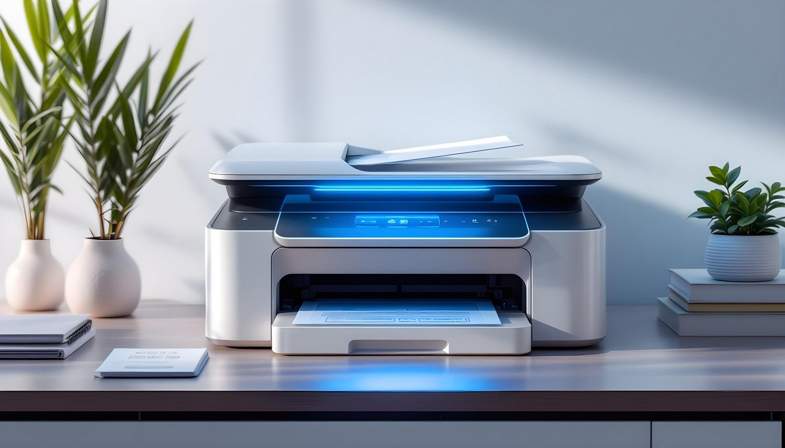 A modern All-in-One Printer placed on a desk, surrounded by plants and books, showcasing its sleek design and multifunctional capabilities with an illuminated control panel.