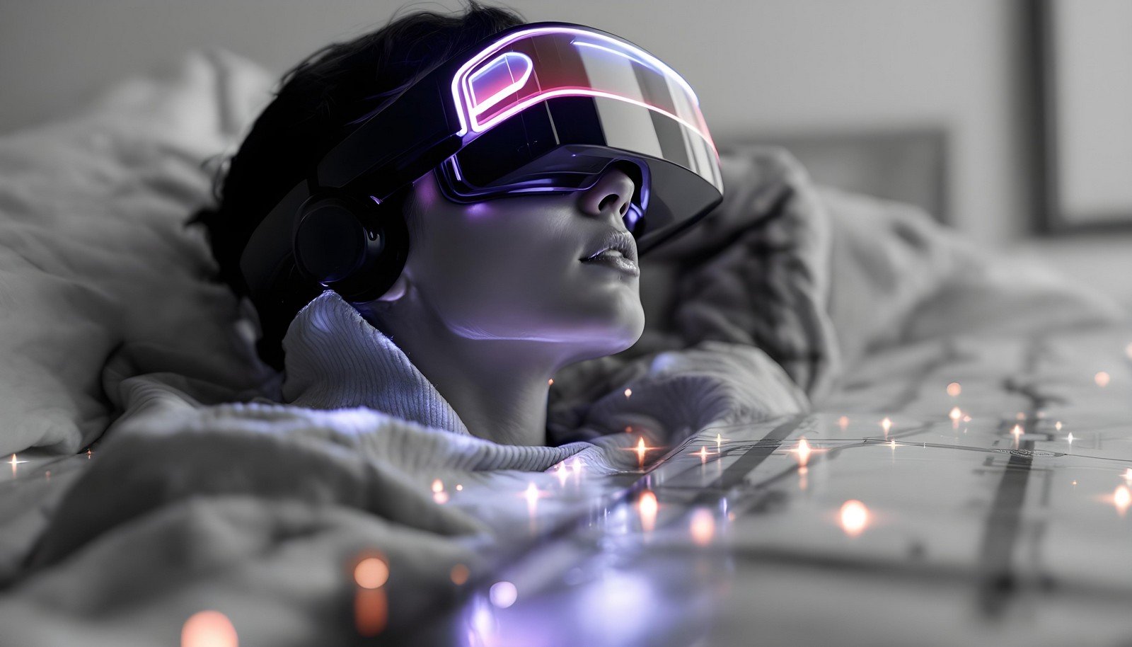 A person wearing augmented reality glasses, illuminated with digital light effects, showcasing the integration of virtual and real-world visuals in a futuristic environment.