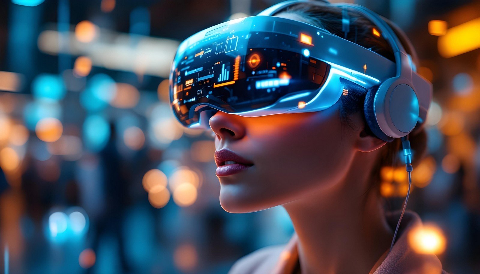 A person wearing an advanced augmented reality headset with vibrant holographic displays showcasing digital data overlays, representing the blend of technology and real-world interaction.