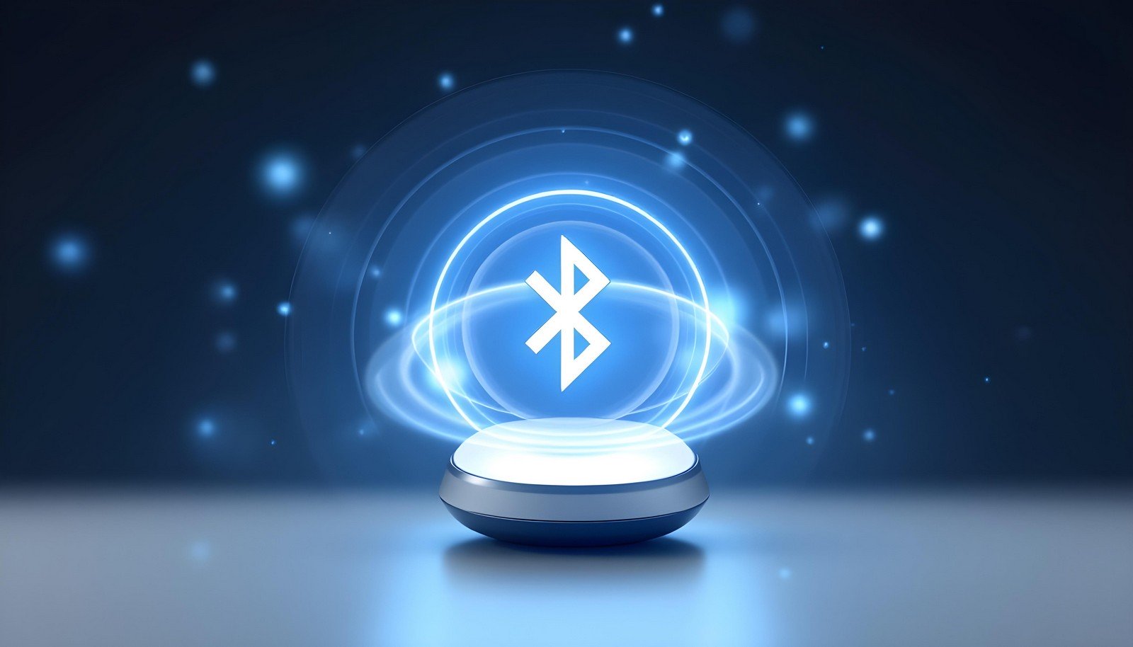 A futuristic visualization of a glowing Bluetooth symbol hovering above a sleek, modern device, representing wireless connectivity and signal transmission technology.