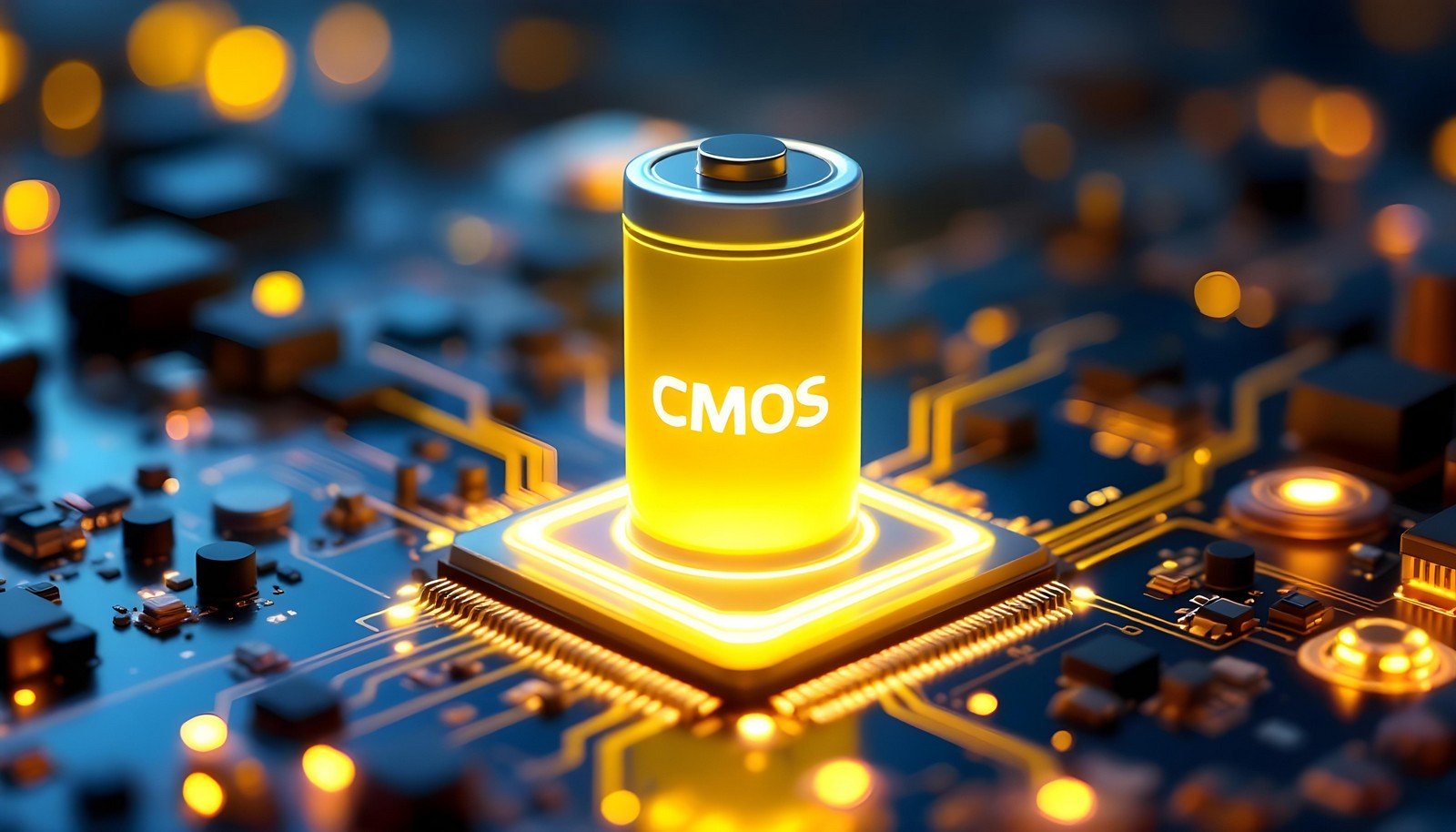 A glowing cylindrical depiction of a CMOS battery placed on a computer motherboard, representing its role in powering essential system settings and maintaining the real-time clock.