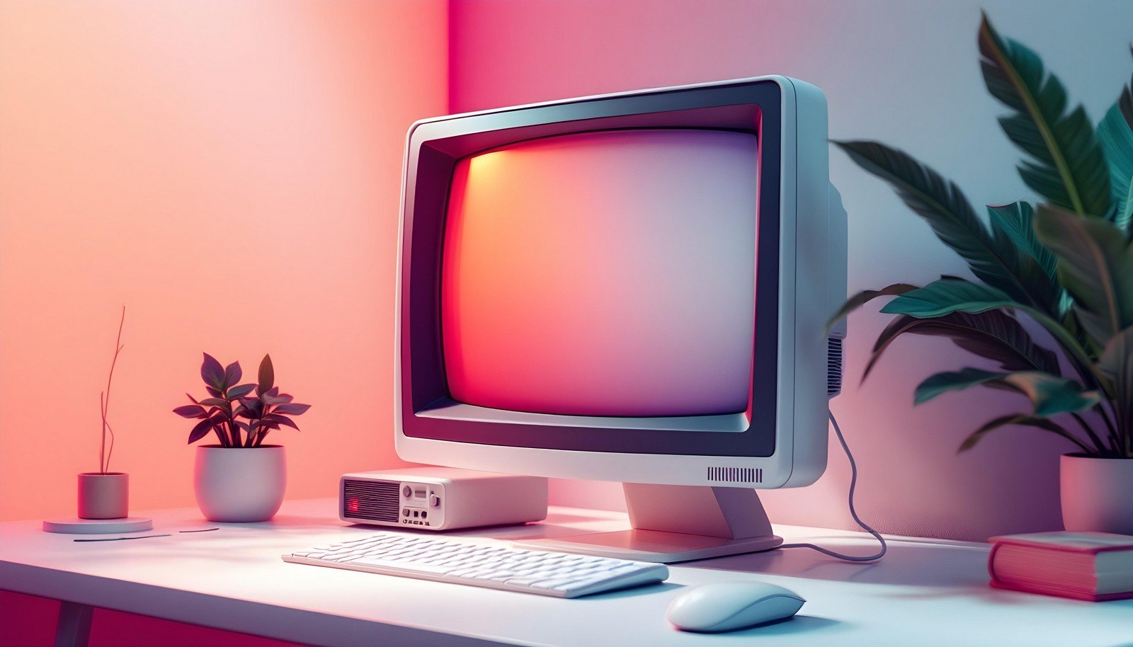 A retro CRT monitor on a minimalist desk setup with plants and soft ambient lighting, evoking a nostalgic and aesthetic vibe.