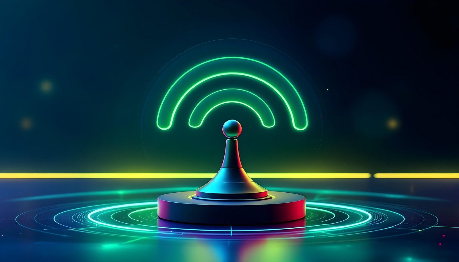 A sleek, futuristic Wi-Fi antenna emitting glowing, neon-green wireless signals, symbolizing advanced technology and connectivity.