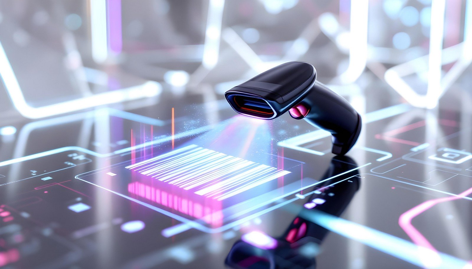 A futuristic illustration of a barcode scanner scanning a glowing barcode on a digital interface, representing advanced inventory management and retail technology.