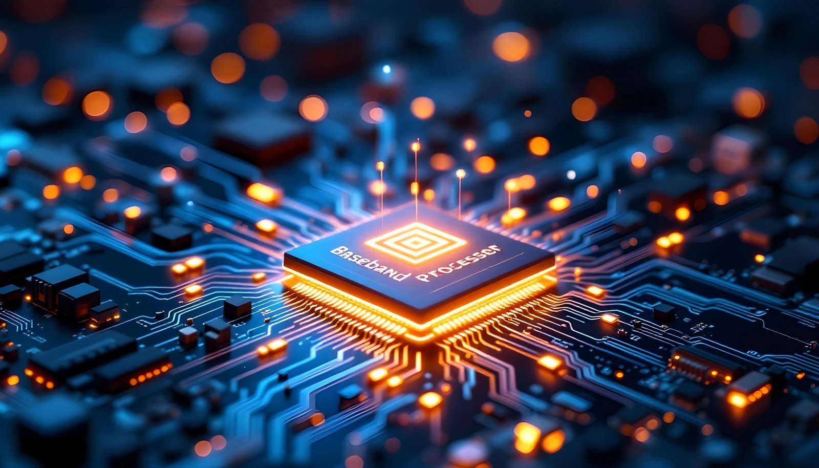 A close-up view of a glowing baseband processor chip on a circuit board, illustrating its role in digital signal processing and communication systems.