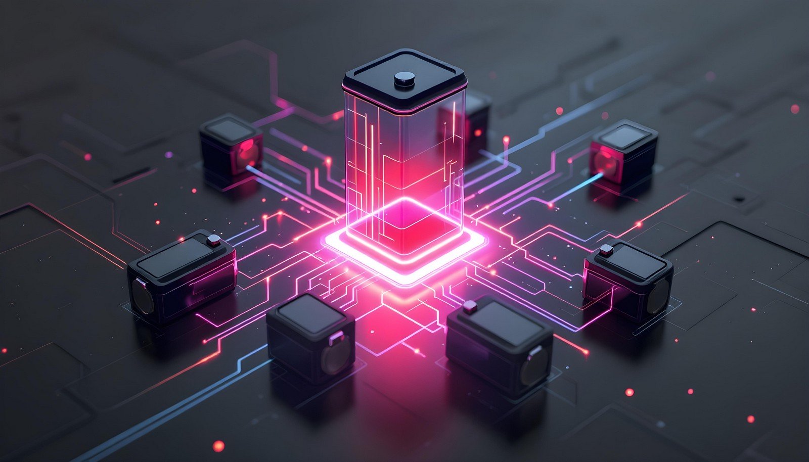 A futuristic representation of a Battery Management System with interconnected modules and a glowing core symbolizing energy management and optimization.