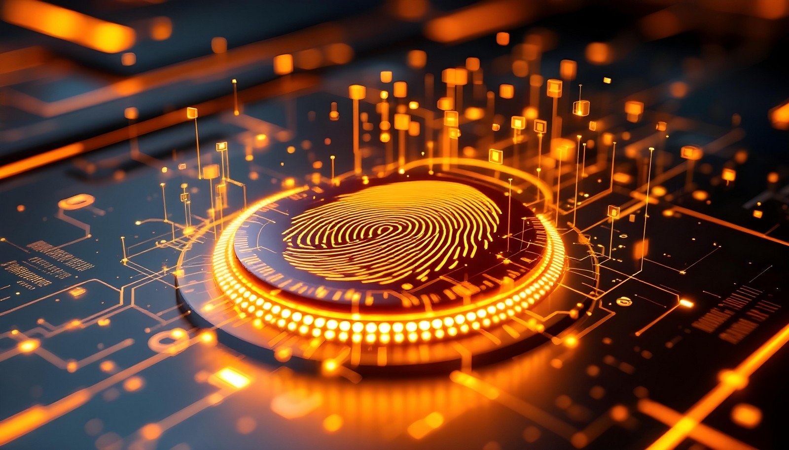 A glowing, futuristic biometric scanner image showcasing a fingerprint surrounded by digital circuits, symbolizing advanced technology and secure identification systems.