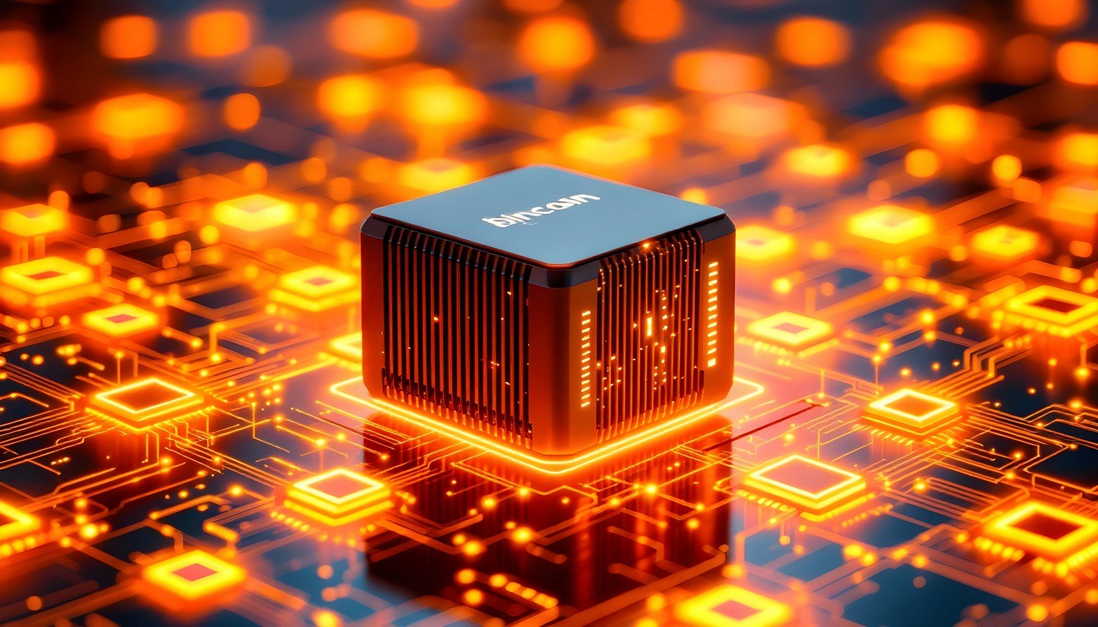 A glowing orange and black Blockchain ASIC Miner device on a futuristic circuit board, showcasing its specialized design for cryptocurrency mining.