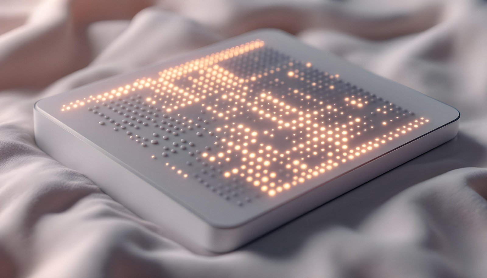 A sleek Braille Display device on a soft fabric surface, showcasing illuminated tactile Braille dots for reading by touch.