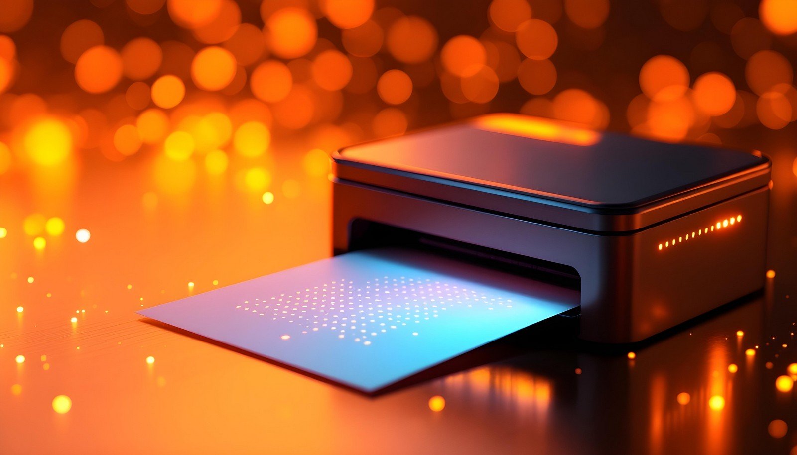 A sleek Braille printer embossing a tactile document on thick paper, surrounded by warm, glowing orange bokeh lights, representing the technological advancement in assistive tools.