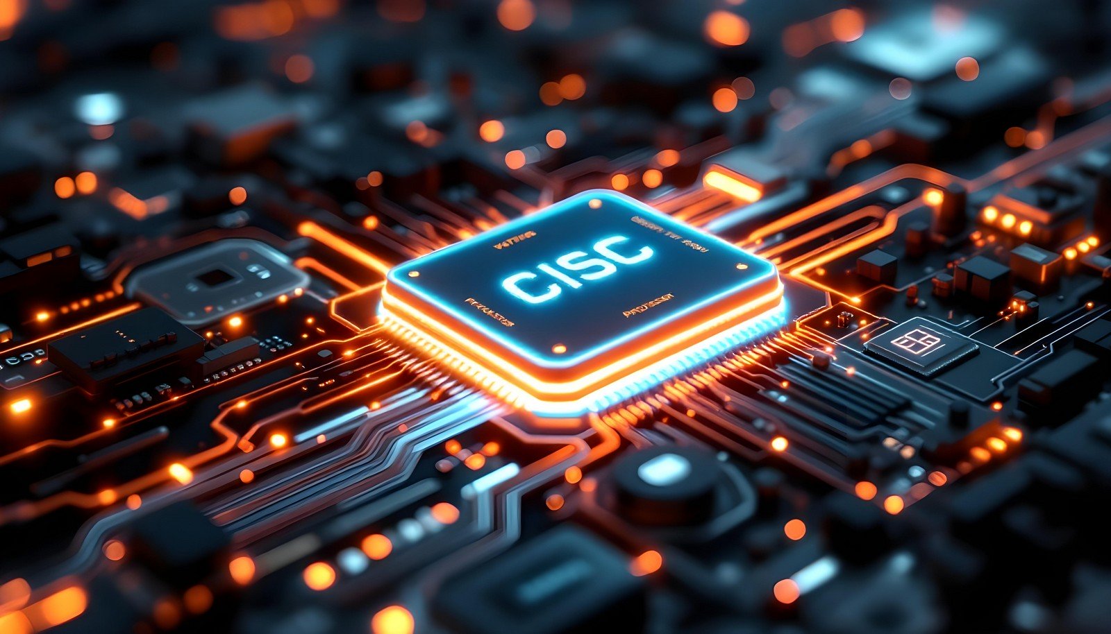 A visually detailed representation of a CISC (Complex Instruction Set Computing) processor with glowing circuits and a highlighted central processing unit showcasing modern microprocessor technology.