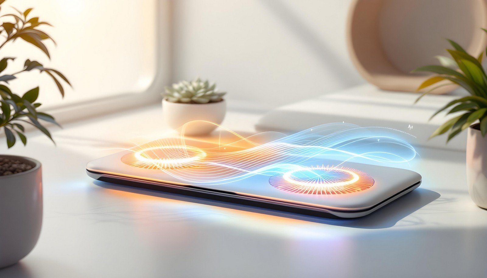 A sleek, modern cooling pad with active fans and glowing effects, placed on a desk surrounded by plants and natural light.