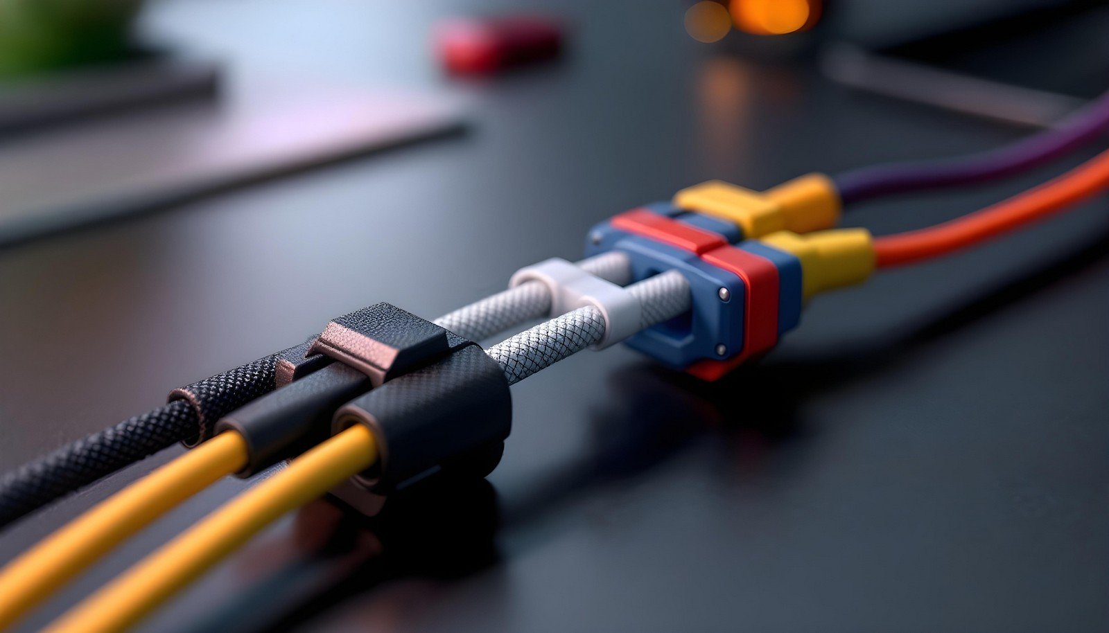 Close-up view of cable management tools securing and organizing multiple colored cables on a desk, highlighting neat arrangement and functionality.