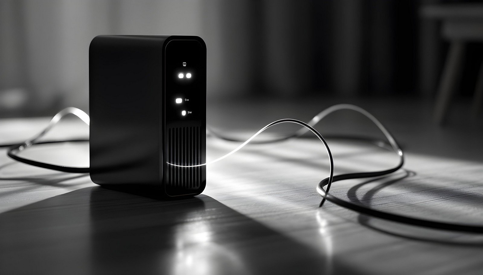 A sleek, modern cable modem on a table, connected via cables, with indicator lights glowing, symbolizing high-speed Internet connectivity.