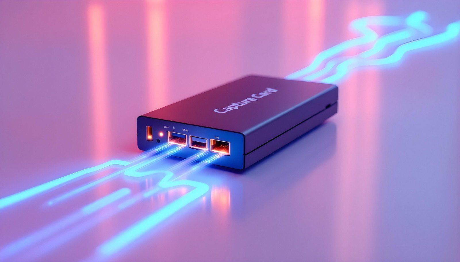 An advanced capture card device with glowing neon light effects representing high-speed data transfer and technology integration.