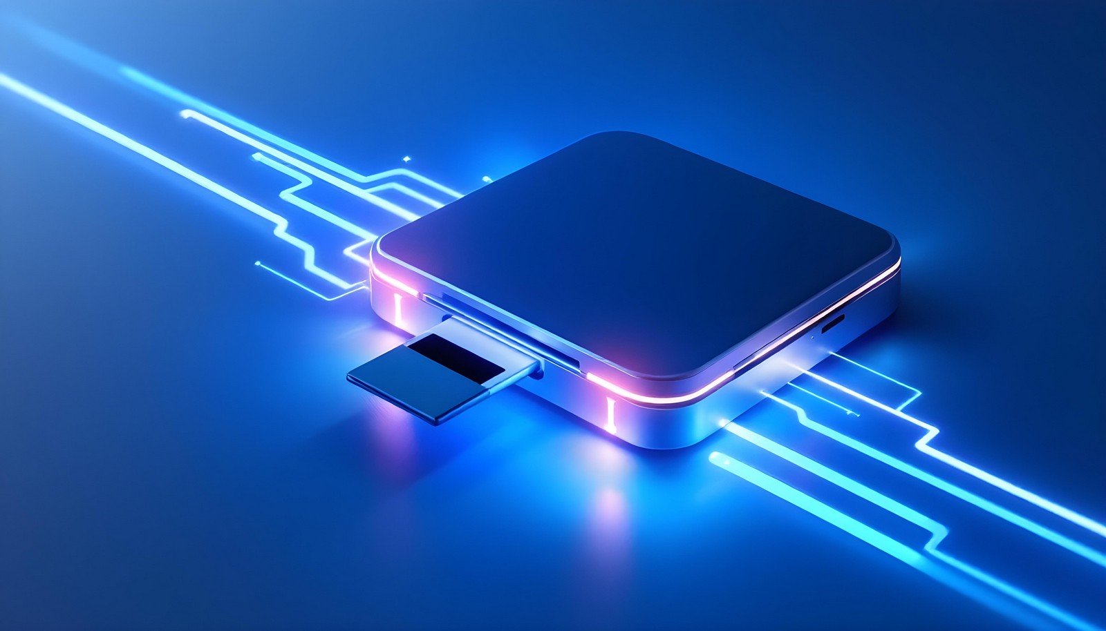 A futuristic illustration of a sleek card reader with a memory card inserted, surrounded by glowing blue digital circuit patterns, symbolizing technology and data transfer.