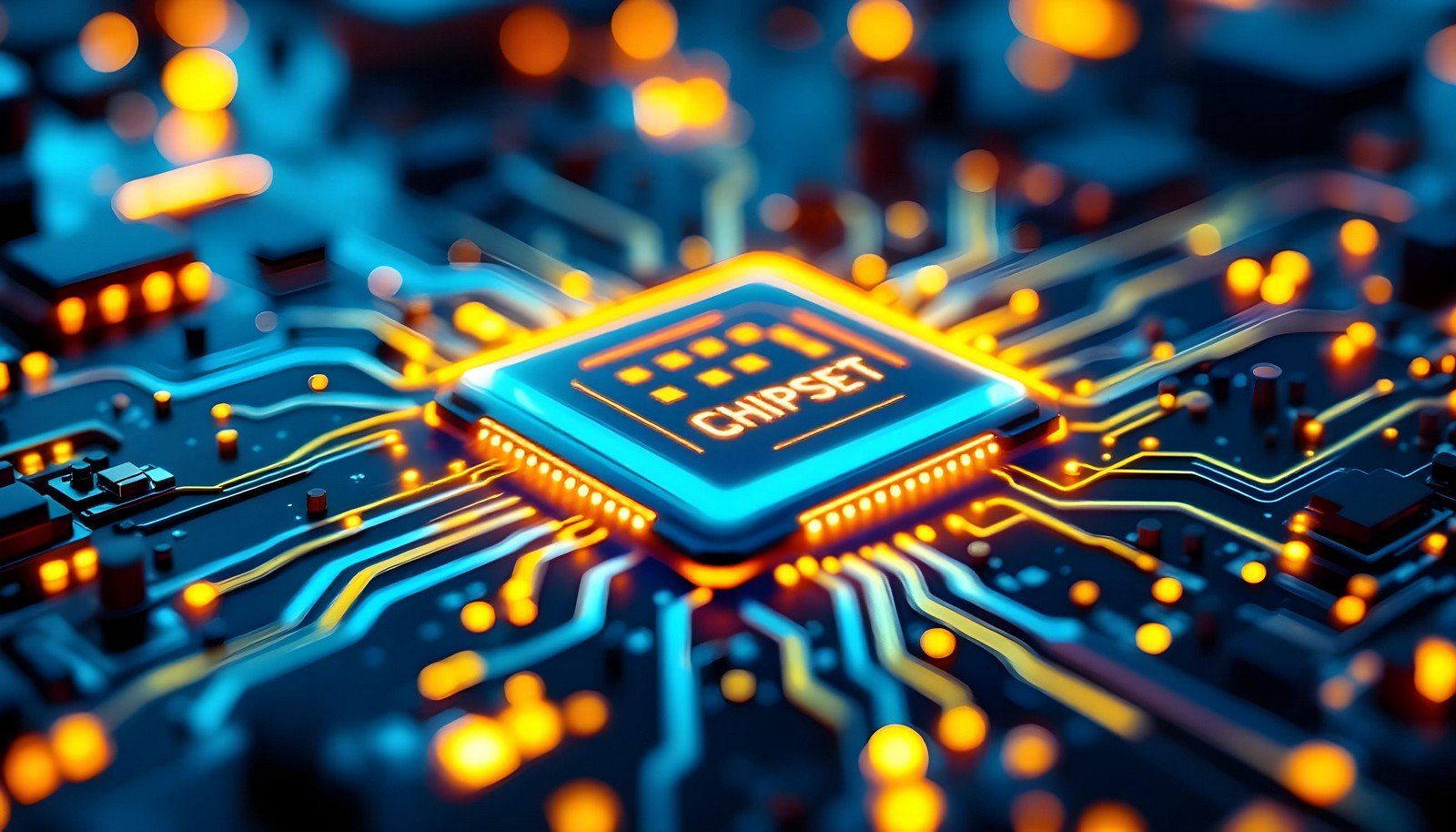 A visually vibrant depiction of a computer chipset on a circuit board, showcasing illuminated pathways and integrated circuits representing data flow and connectivity.