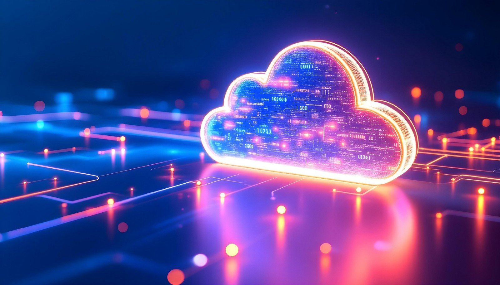 Illustration of a glowing cloud-shaped icon representing cloud storage, surrounded by digital data points and circuits, symbolizing interconnected online data storage systems.