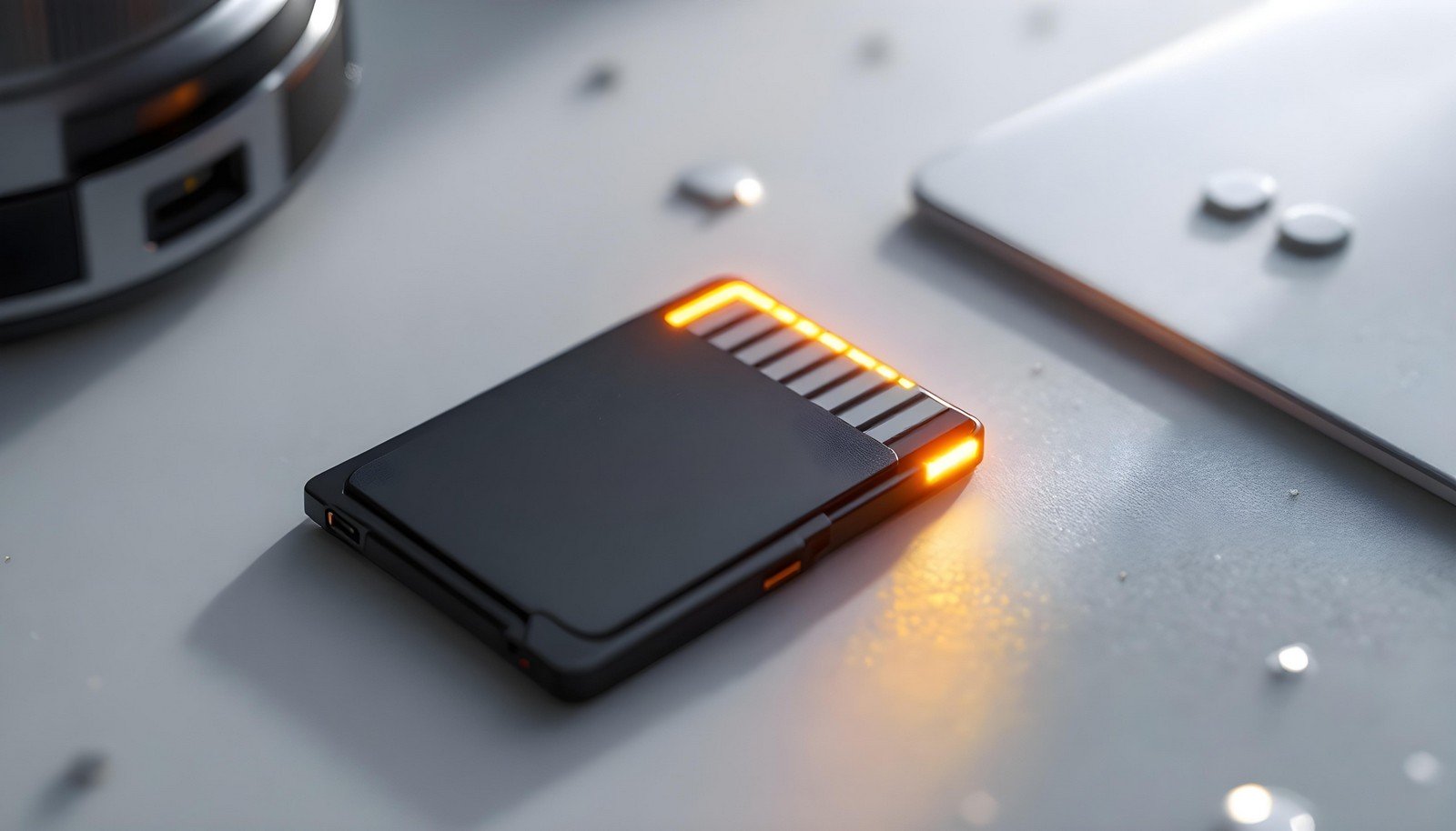 A sleek black Compact Flash Card with glowing orange accents placed on a modern, clean desk environment, emphasizing technology and storage capabilities.