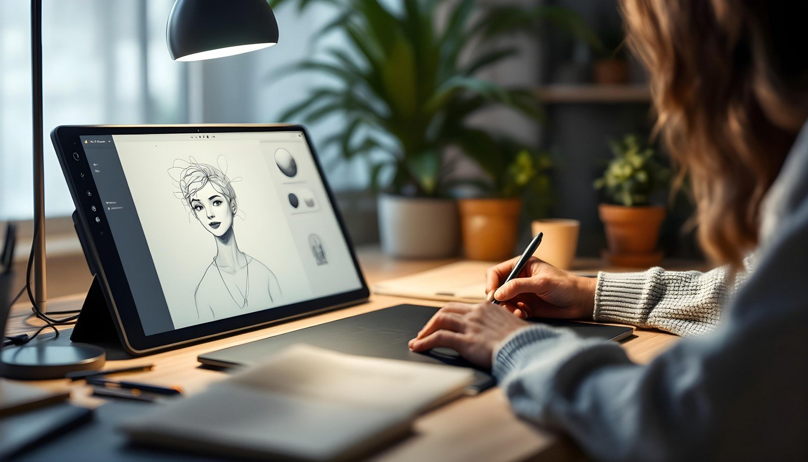 A person using a drawing tablet with a stylus to create digital artwork, displayed on a vibrant screen surrounded by a creative workspace.