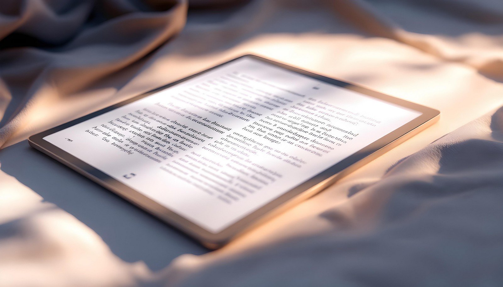 An elegant E-ink display tablet illuminated by sunlight, showing a clear, paper-like screen suitable for reading in any lighting condition.