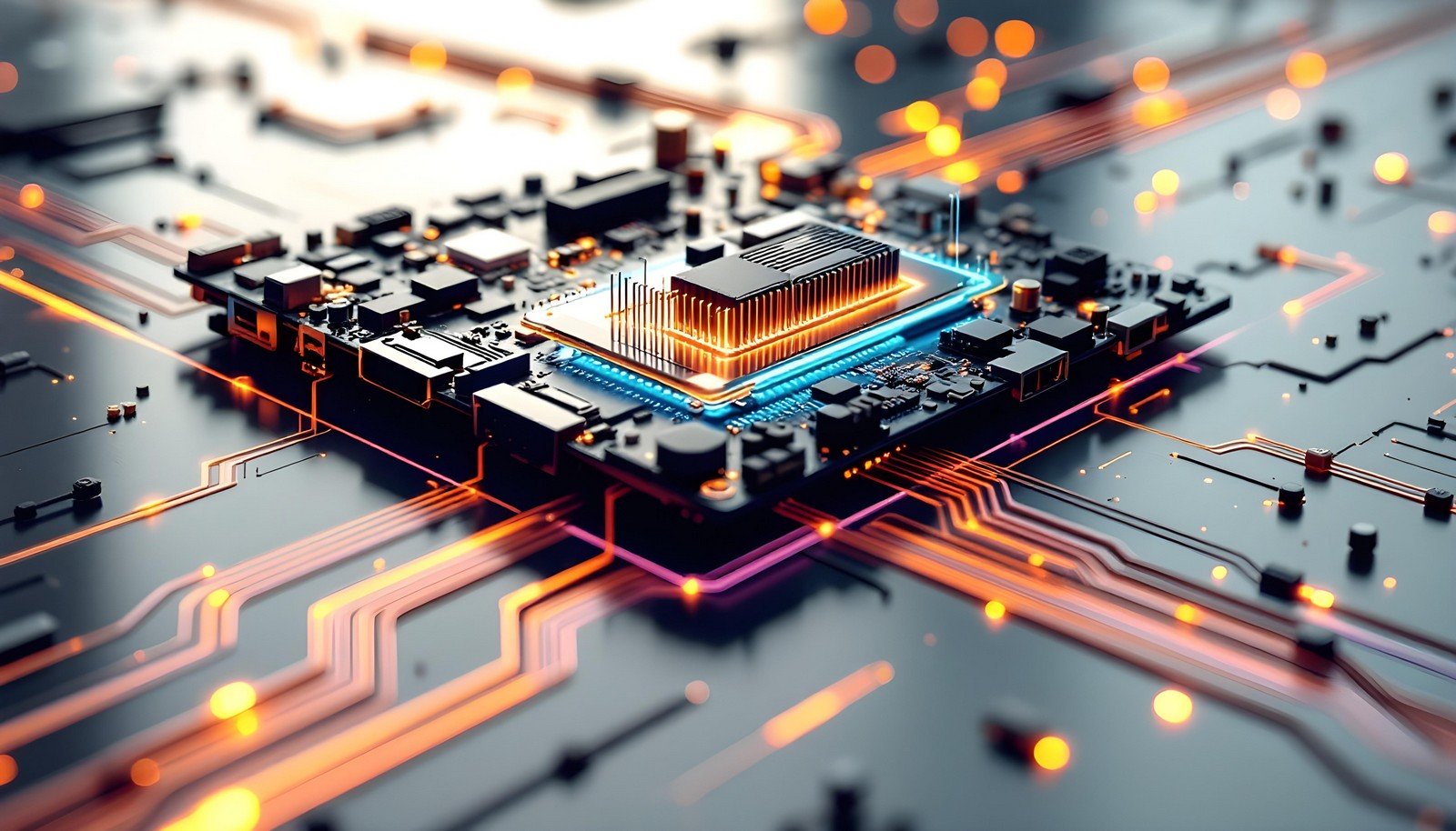 A detailed visualization of a daughterboard integrated into a motherboard, highlighting its connection points, circuits, and glowing pathways, symbolizing enhanced functionality and expansion capabilities.