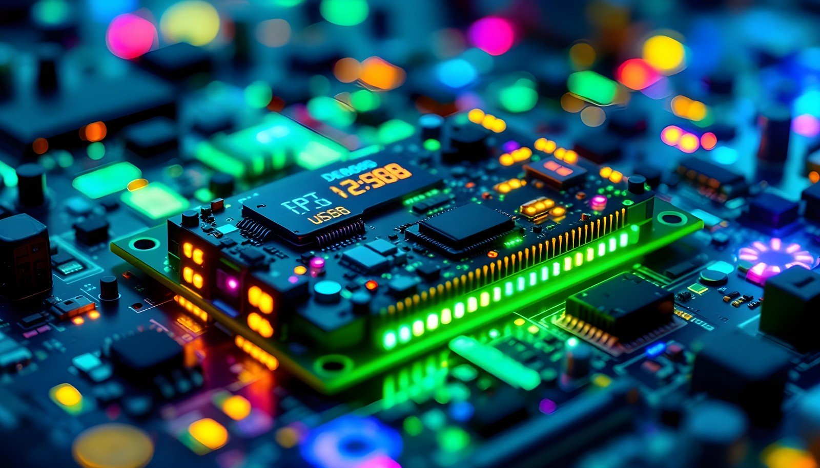 A close-up image of a vibrant computer motherboard featuring a debug card with LED indicators displaying diagnostic codes, surrounded by colorful components illuminated by ambient light.