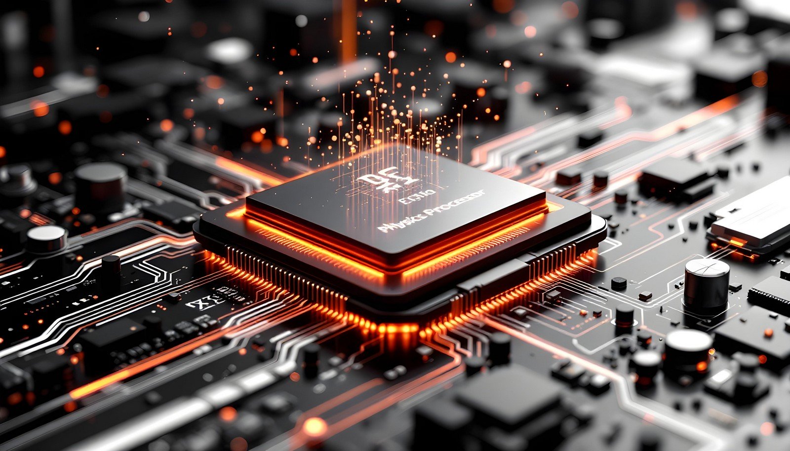 A close-up rendering of a futuristic microchip labeled "Physics Processor" integrated into a high-tech circuit board, emitting glowing orange energy lines, symbolizing advanced hardware technology for physics simulations and acceleration.