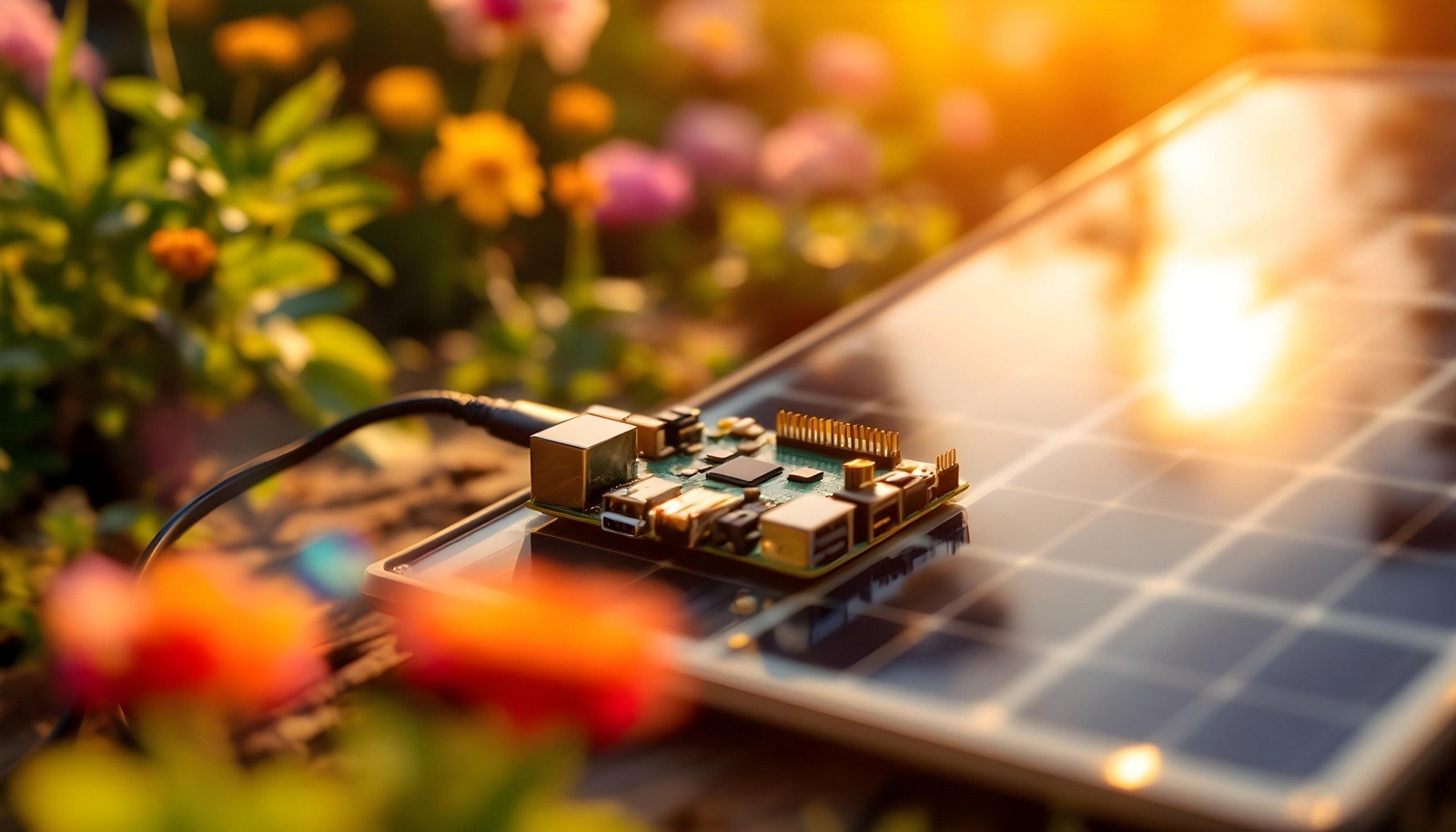 A close-up of a microcontroller development board placed on a solar panel surrounded by vibrant flowers, highlighting sustainable electronics and prototyping.