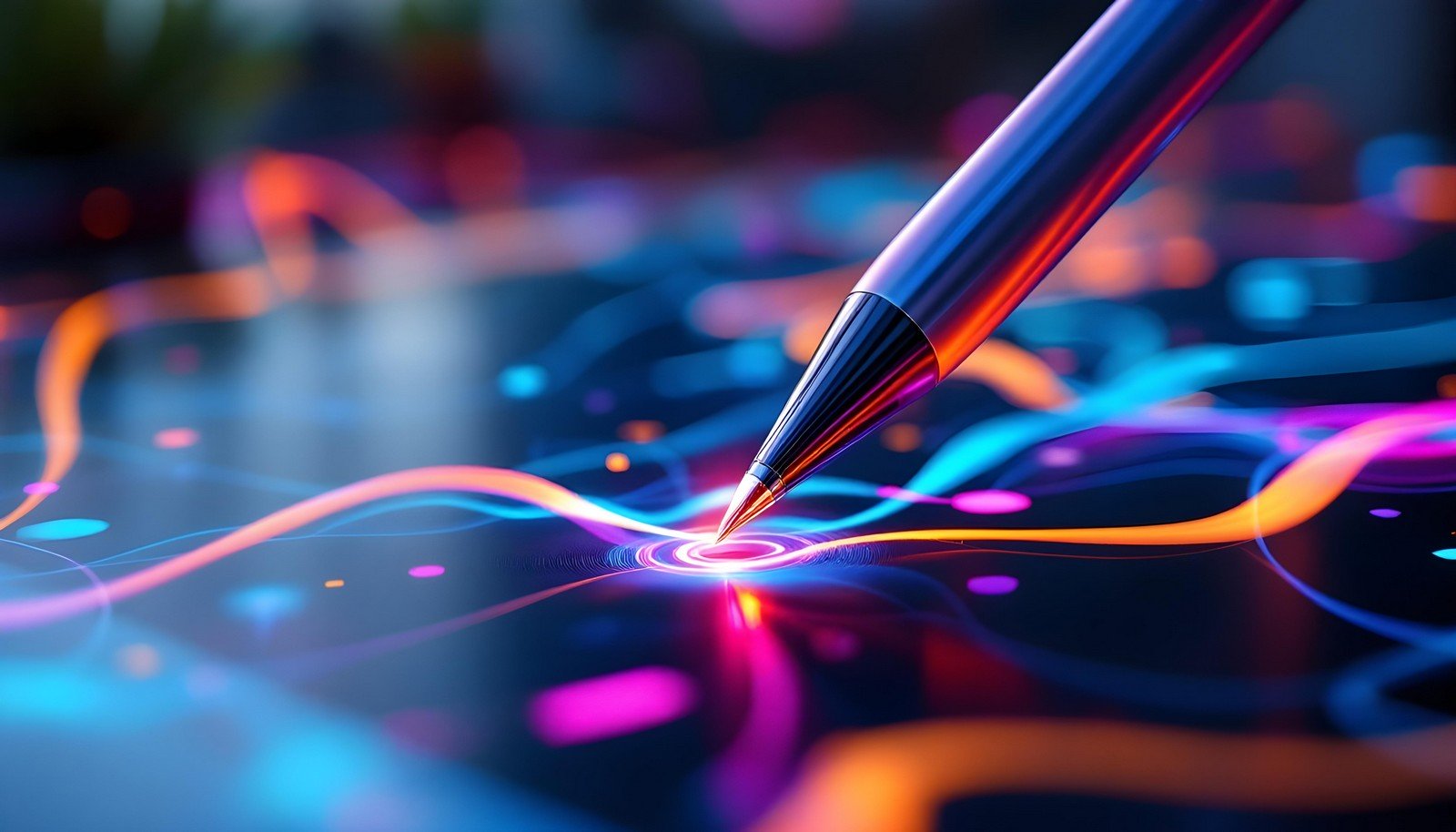 A close-up of a digital pen interacting with a touch-sensitive surface, illustrating vibrant, colorful lines symbolizing data capture and creativity.