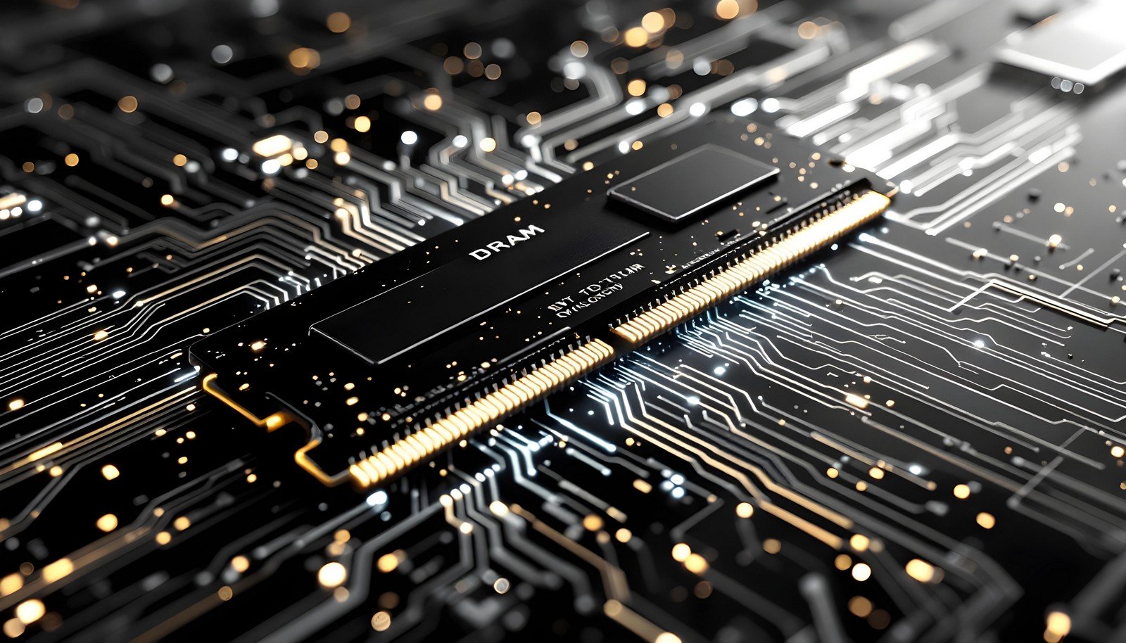 Close-up of a DRAM module placed on a sleek black circuit board with intricate electrical traces and glowing golden accents, symbolizing advanced computing technology.