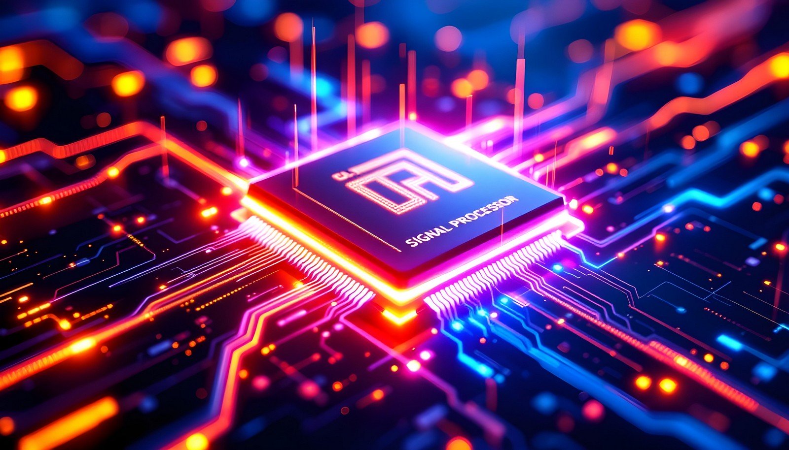 A vibrant conceptual illustration of a digital signal processor (DSP) on a circuit board, showcasing interconnected pathways and glowing components, symbolizing high-speed real-time signal processing and technological innovation.